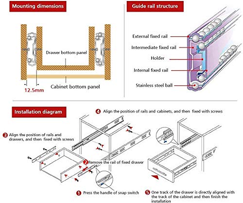 URBEST Drawer Slides, URBEST 8 Inch Full Extension 3 Section Ball Bearing Side Mounted Drawer Slider for Cabinet Kitchen, 2 Pairs (8 Inch) - Image 4